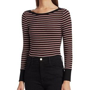 Frame Striped Long Sleeve Ribbed Knit Boatneck Top Red & Black Size Medium